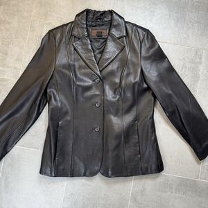 Siena Studio Black Leather Blazer Jacket 3 Button Chic Streetwear Size 14